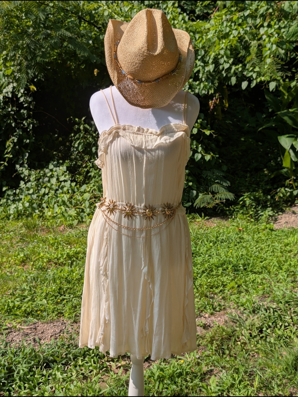 Boho Gauze Ruffle Sundress Cream Criss Cross Back Mini Dress